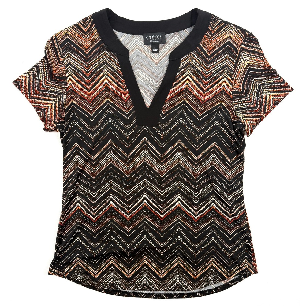 STITCH COLLECTION Womens S Black w/ Orange Accents Short Sleeve V Neck Top #1724